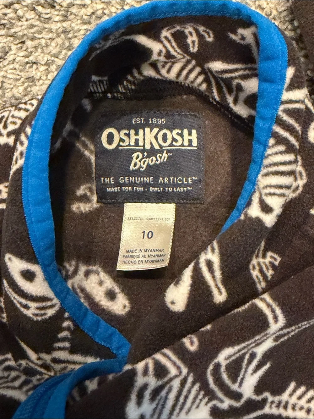 OshKosh B’gosh Boys Size 10 Dinosaur Skeleton Fleece Zip Jacket Black Blue